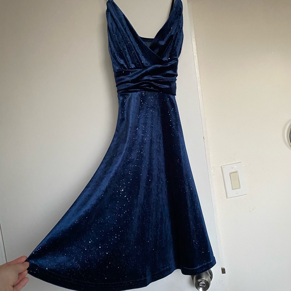 Blue Velvet Midi Dress w/ Silver Sparkle